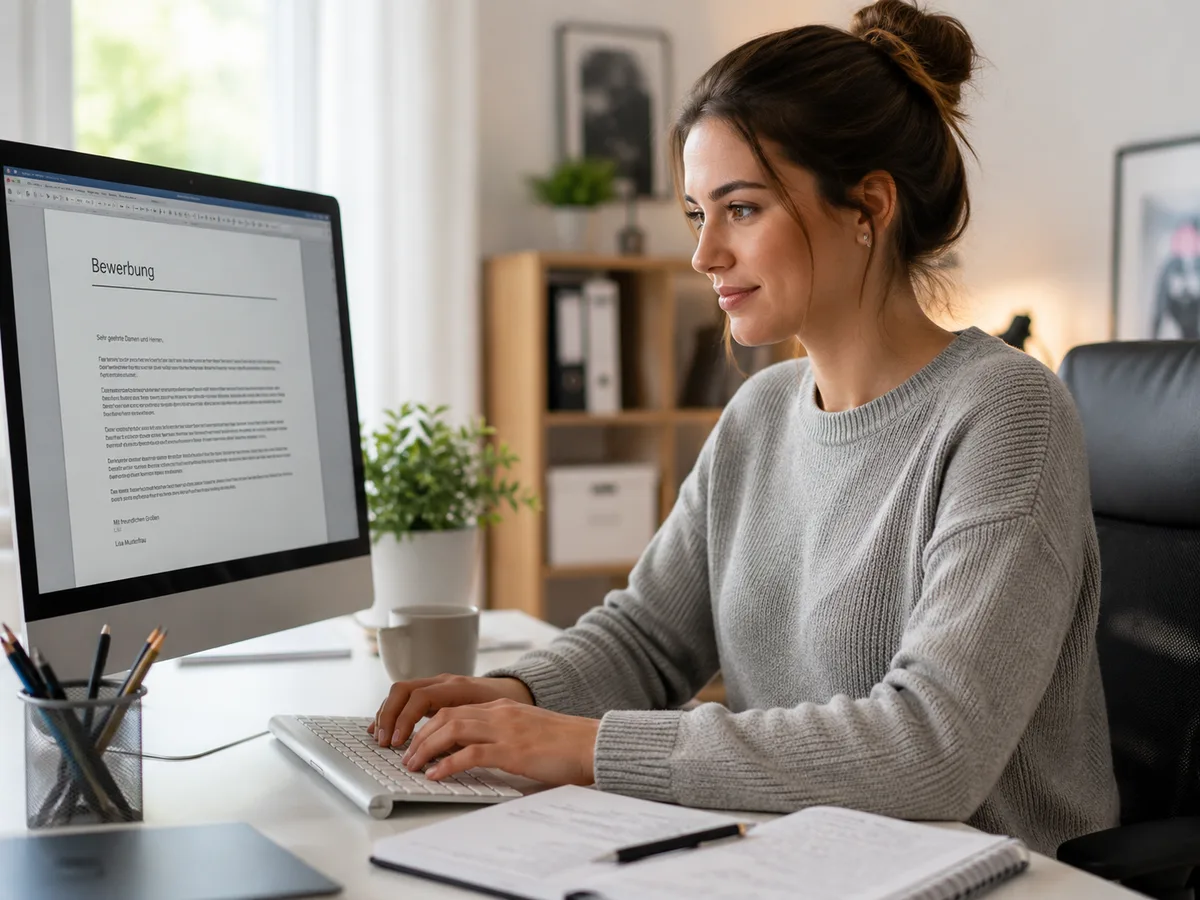 Bewerberin schreibt ihre Bewerbung am Computer im Homeoffice
