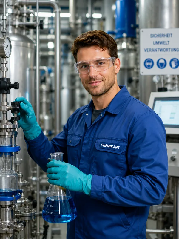 Chemikant mit Schutzbrille und Arbeitshandschuhen an einer Produktionsanlage in einem Industriebetrieb